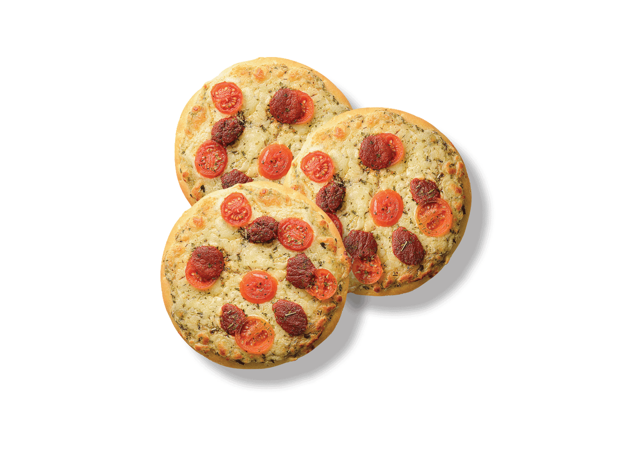 Kolm ümmargust focaccia leiba tomatite ja ürtidega, mustal taustal.