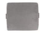 Gray lumbar support pillow with black straps on a white background.