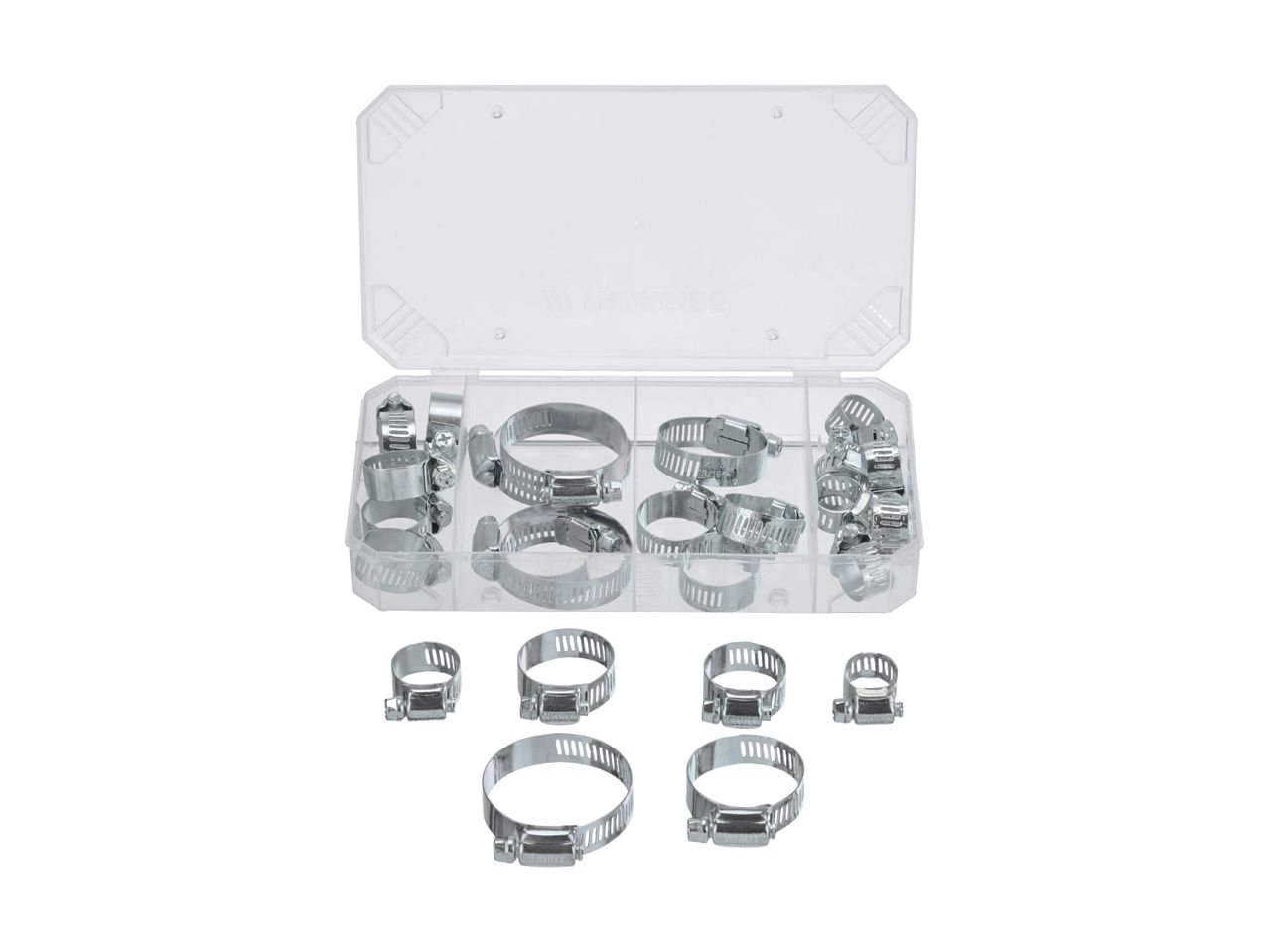 A clear plastic organizer box filled with various sizes of metal hose clamps, with additional clamps scattered below.