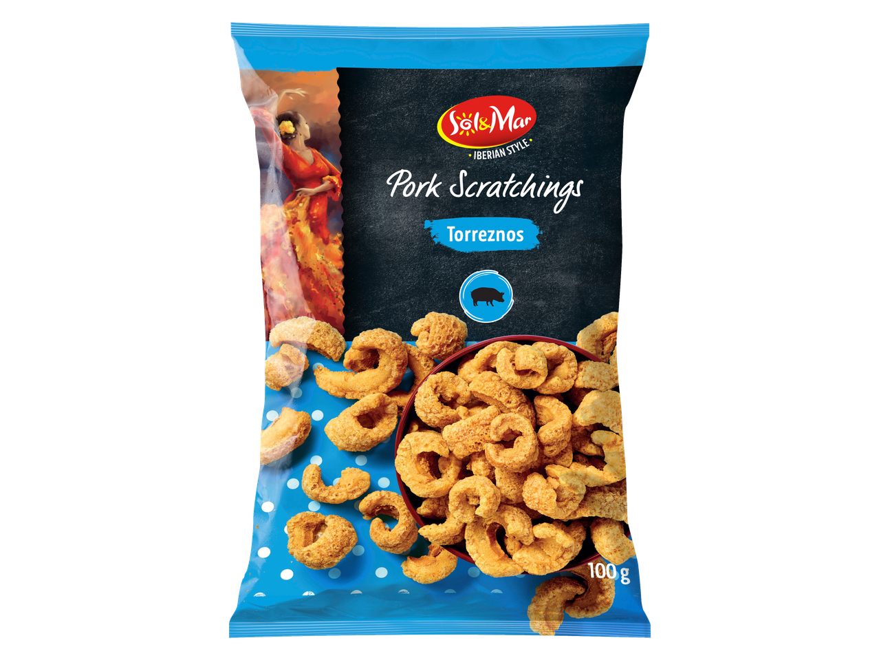 Pacote de torresmos rotulado 'Pork Scratchings' e 'Torreznos', com um motivo de dançarina.