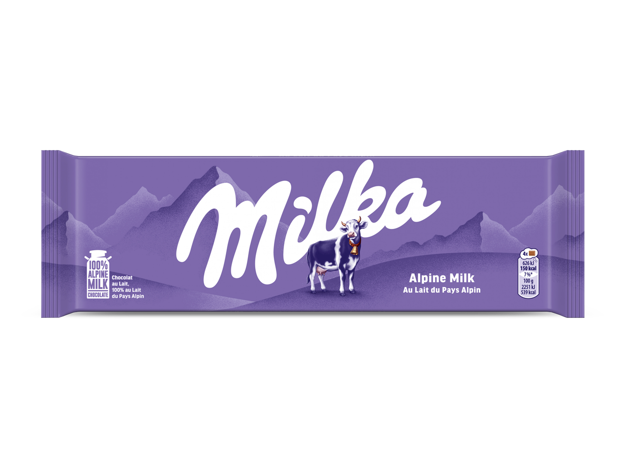 Paarse chocoladereep met een koe en bergen, met de tekst 'Alpine Milk'.