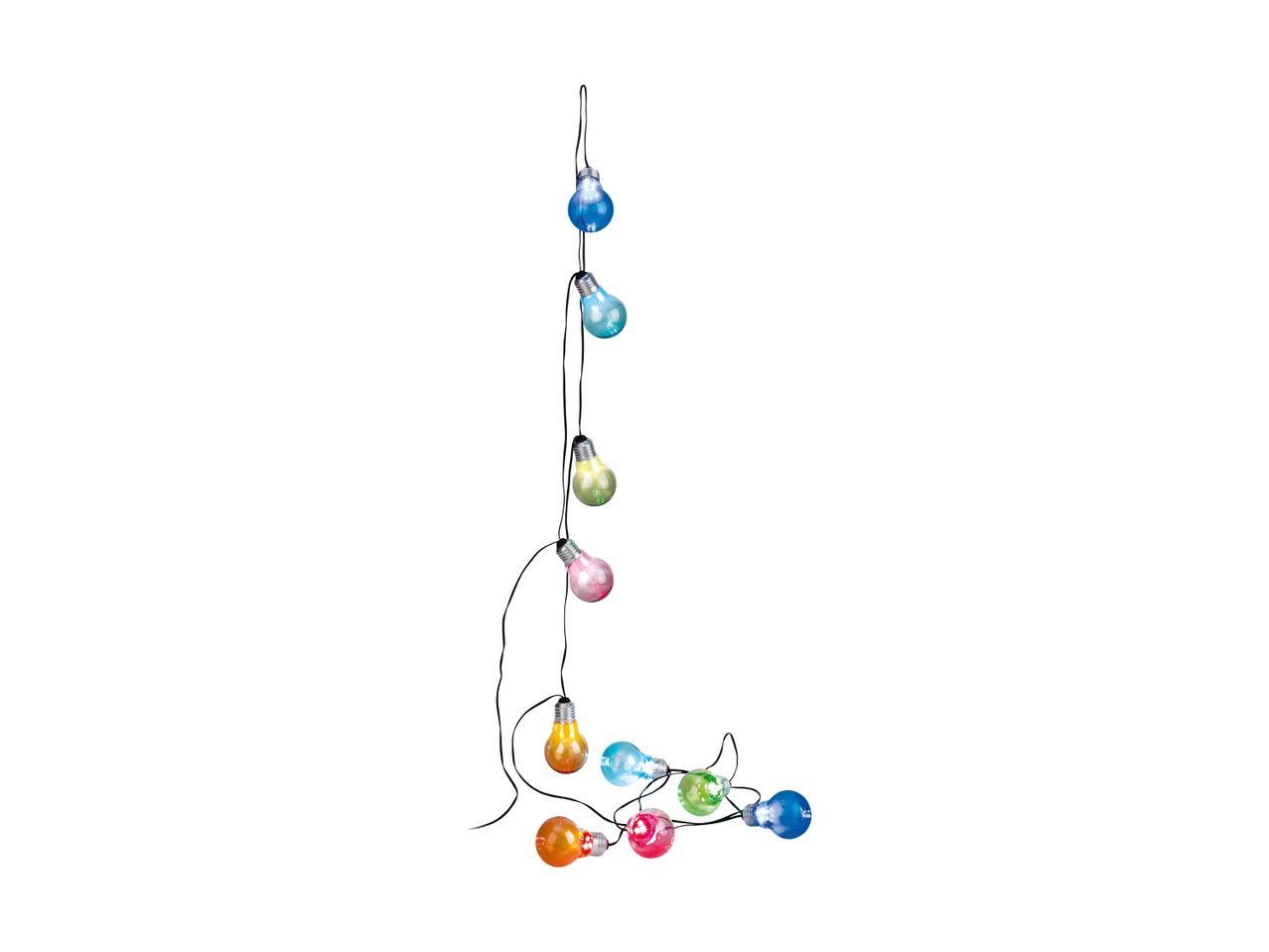 Colorful string lights with various colored bulbs, including blue, green, pink, and orange.