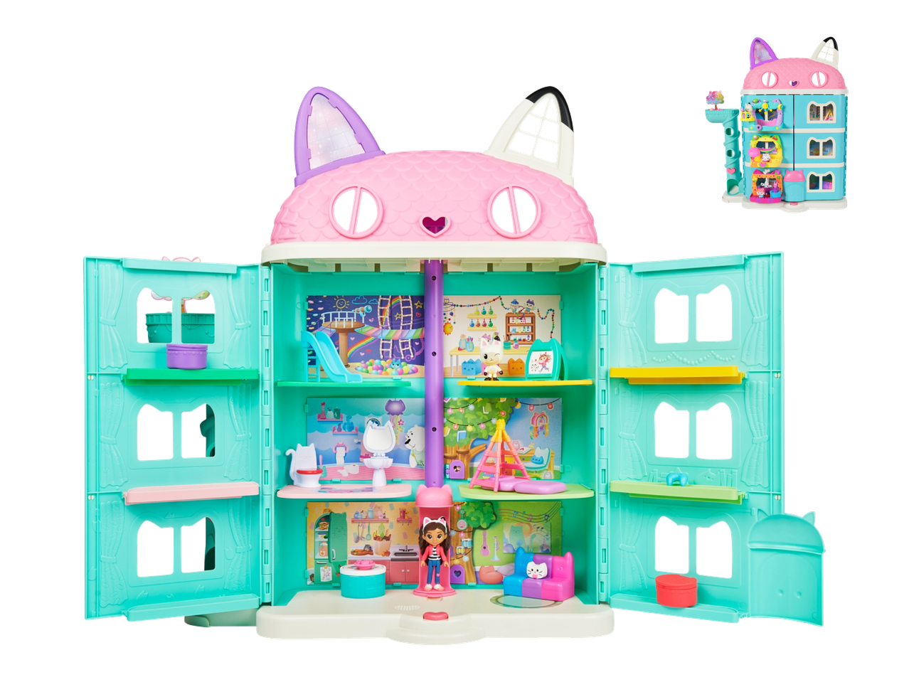 Gabby's Dollhouse -leikkisetti, jossa on avoin ja suljettu kissatalo.