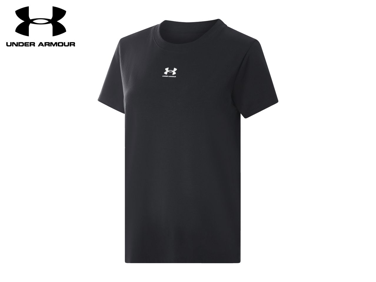 Black short-sleeved t-shirt with a small white logo on the chest