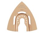 A gold-colored sanding plate with a triangular shape and a central U-shaped cutout.