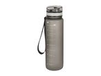 Grey water bottle with a clear lid, black strap, and volume markings in ml and oz.