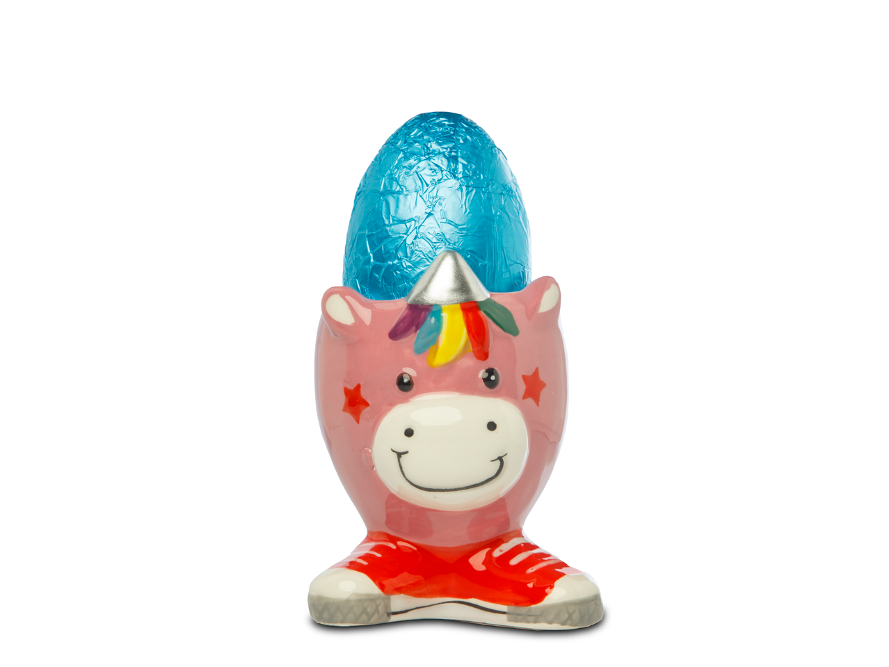 Een blauw chocolade-ei in een roze eenhoorn-eierdop.