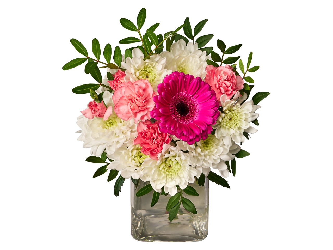 A bouquet of white chrysanthemums, pink carnations, and a fuchsia gerbera in a glass vase.