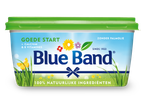 Een kuipje margarine met een groen deksel, met de tekst 'Goede Start', 'Zonder Palmolie' en '100% Natuurlijke Ingrediënten'.
