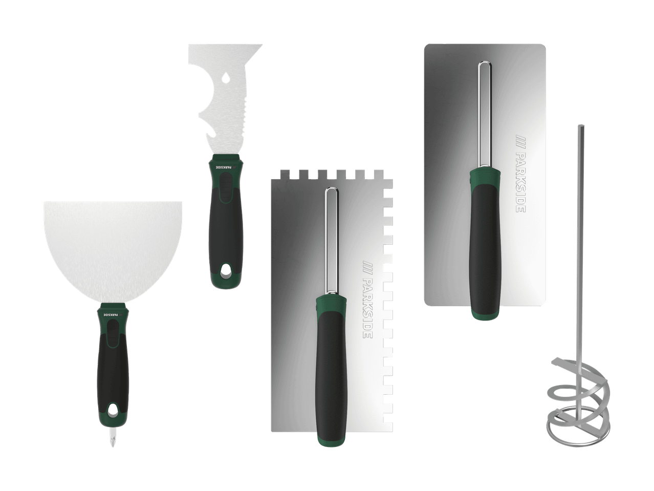 Maurer- und Verputzwerkzeug-Set, bestehend aus Kellen, Spachteln und Rührgerät.