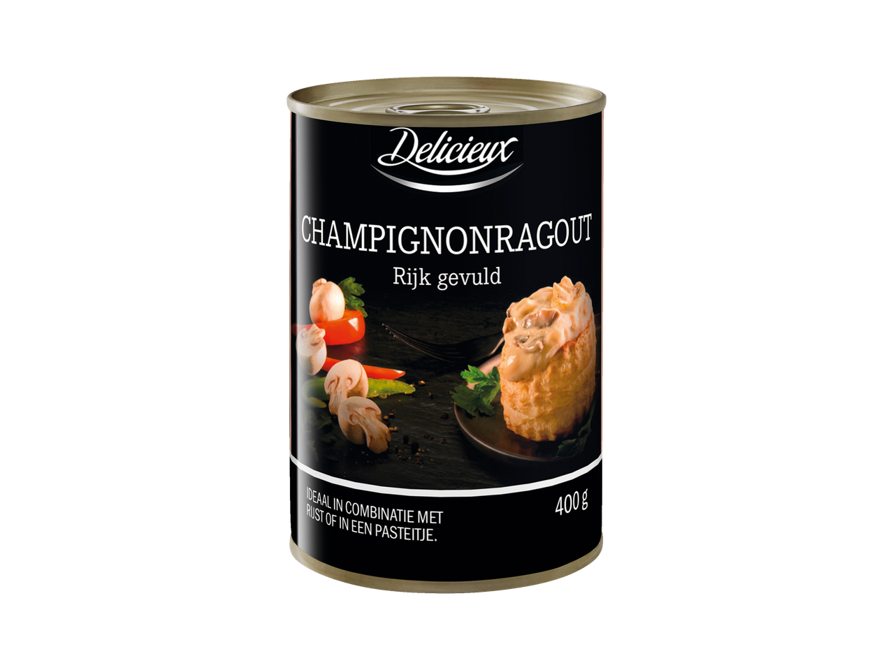 Delicieux champignonragout in blik, ideaal voor in een pasteitje.