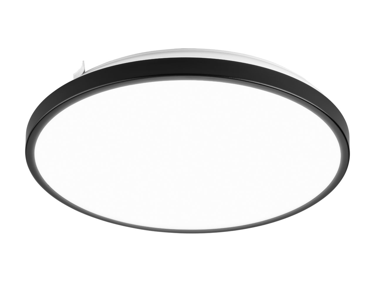 En moderne, rund loftslampe med sort kant.