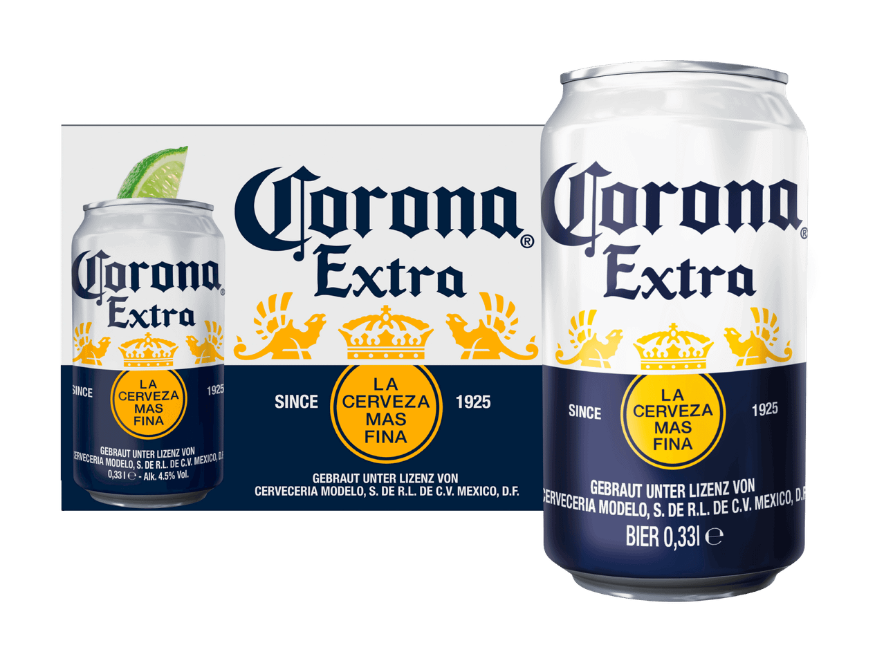 Drei Corona Extra Dosen, eine davon mit Limettenscheibe, vor einem Corona Extra Karton.