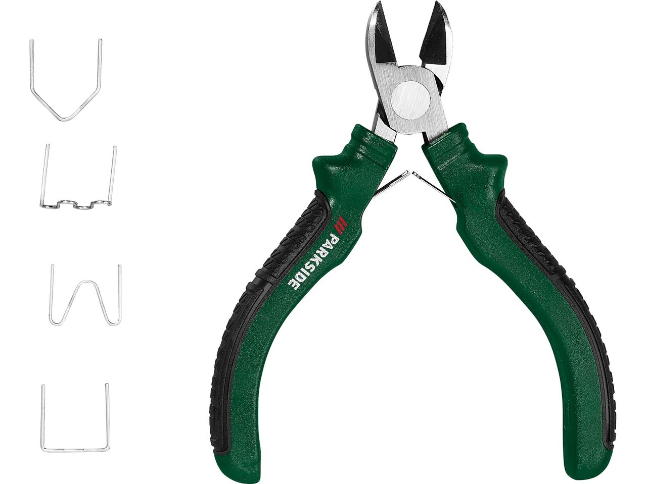 Green-handled diagonal side cutter with examples of staples