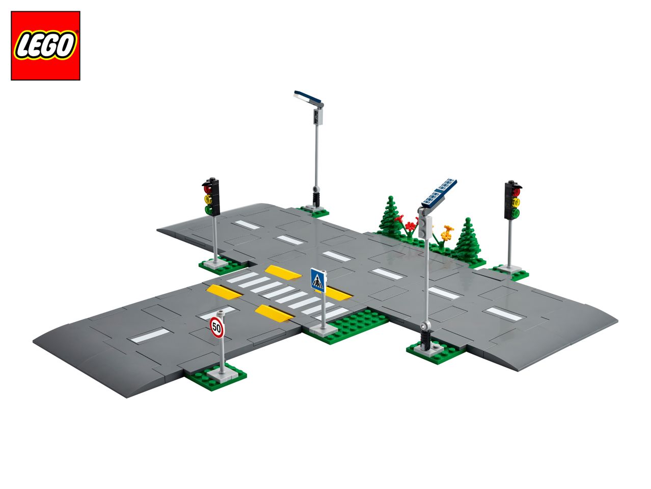 LEGO City Road Plates set with traffic lights, streetlights, and road signs.