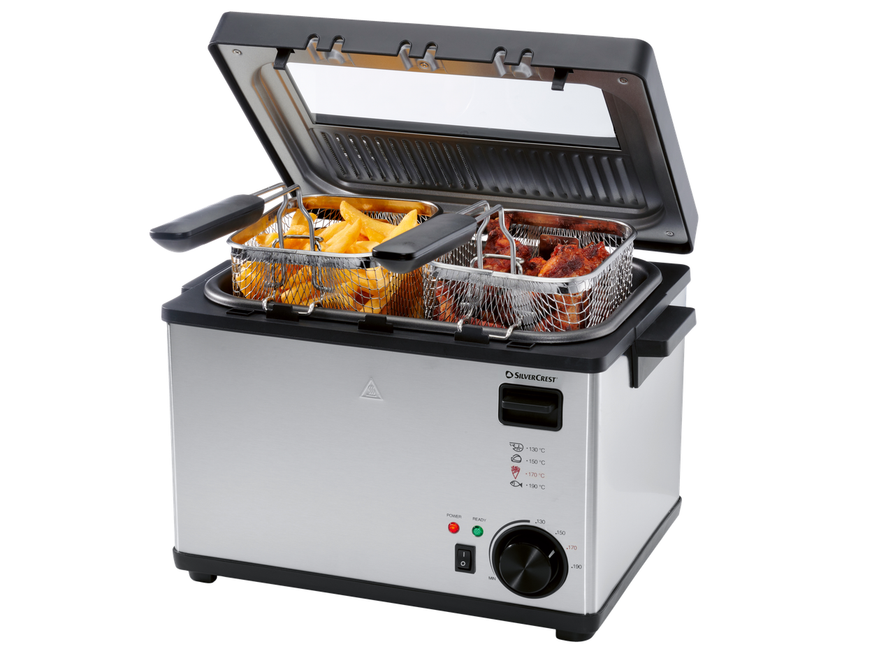 Fritadeira de aço inoxidável SILVERCREST com batatas fritas e asas de frango.
