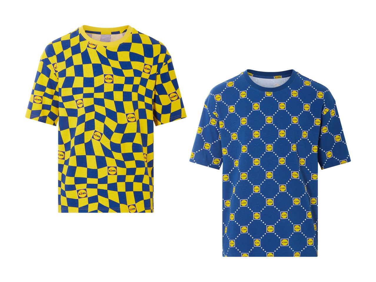To Lidl T-shirts, en med gult og blåt skakternet mønster og en med blåt mønster.