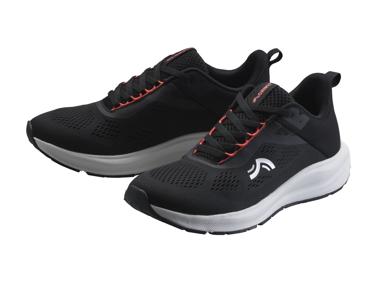 Pair of black and red athletic shoes with white soles