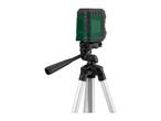 Green laser level on a silver tripod, isolated on a white background.