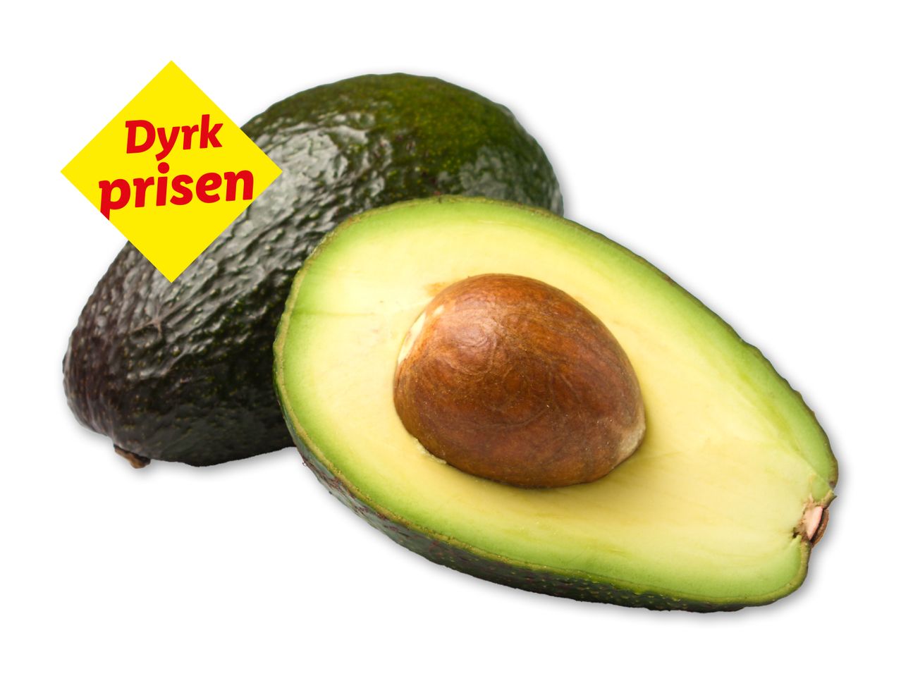 Avocadoer, en hel og en halveret med sten, med teksten 'Dyrk prisen' på en gul etiket.