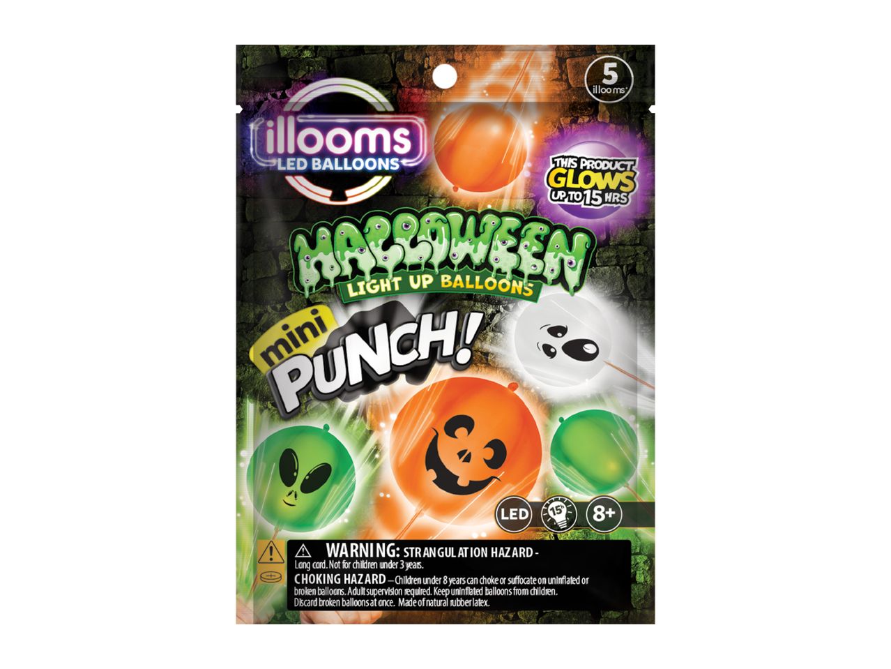 Pack of five Halloween-themed light-up mini punch balloons.