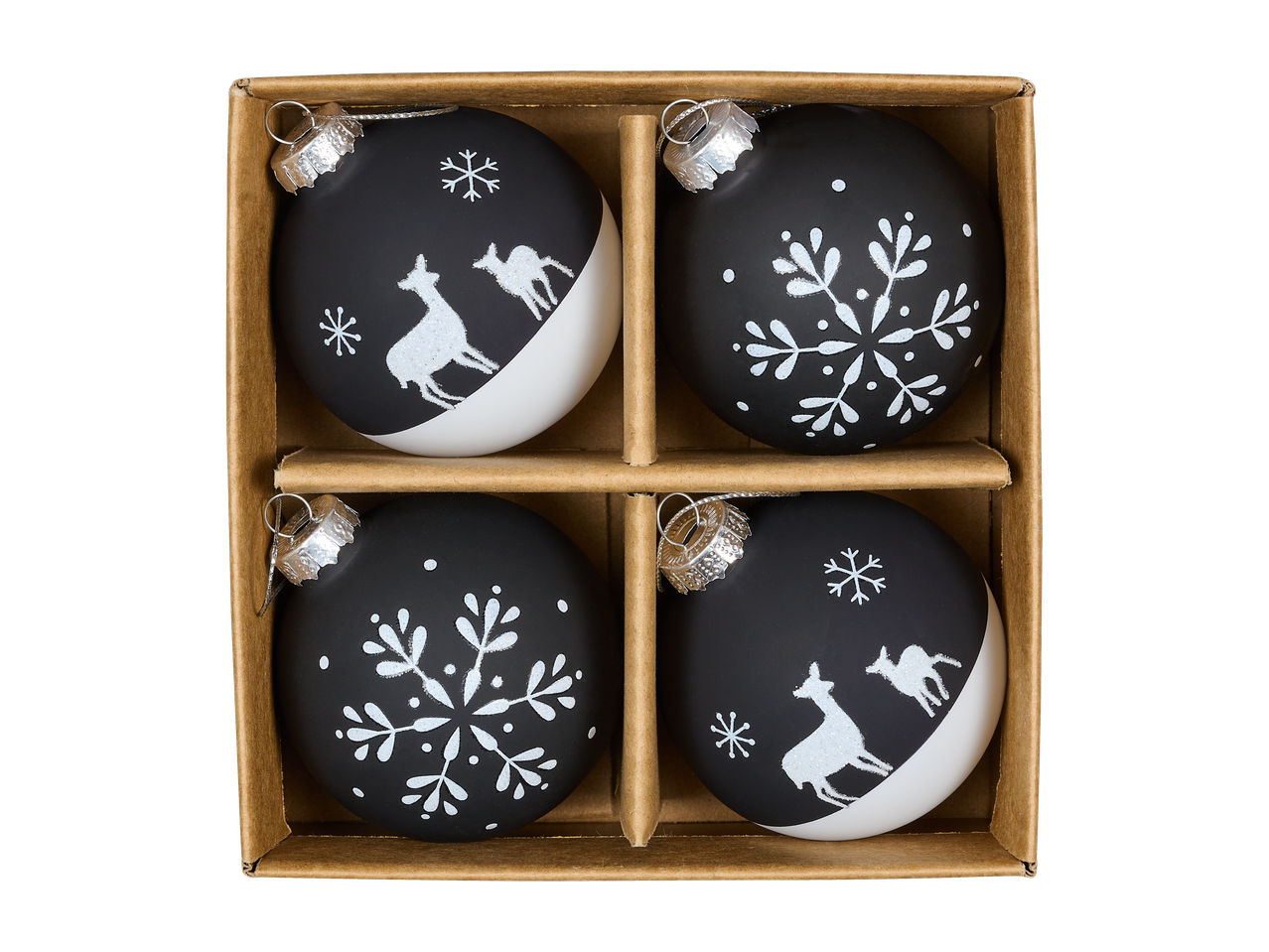 LIVARNO home Ziemassvētku eglītes bumbiņas: 4 melnas bumbas ar sniegpārslām un briežu motīviem kastē.
