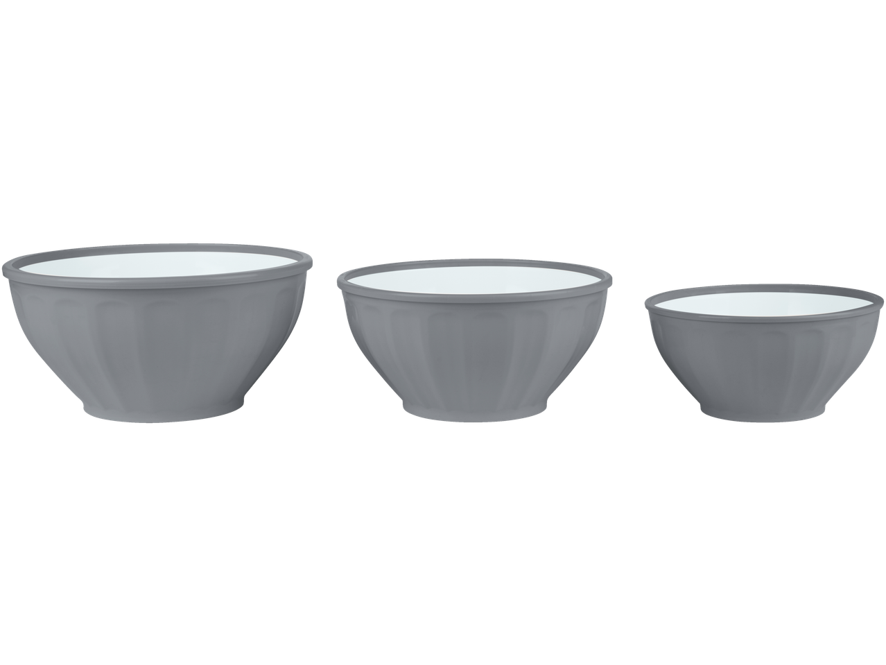 Three grey planters of varying sizes, with a ribbed design and white interior.
