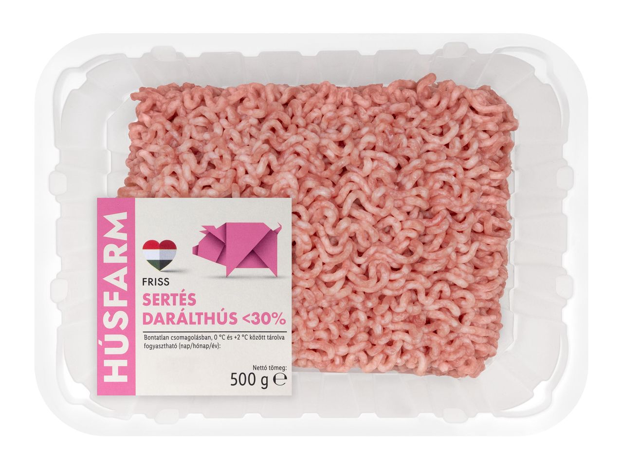 Húsfarm friss sertés darált hús (500g) csomagban.