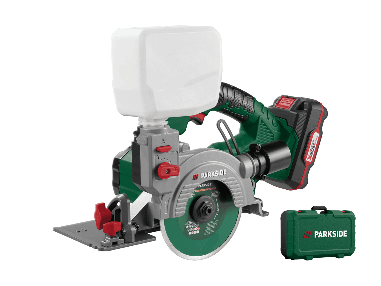 Sega circolare a batteria con serbatoio dell'acqua e valigetta, per tagliare piastrelle e marmo.