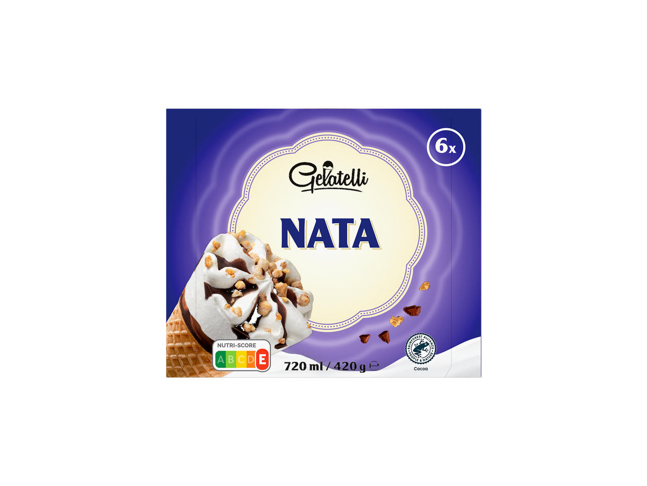 Gelatelli Gelado Cone de Nata, 6 unidades, com Nutri-Score A-E e selo Rainforest Alliance.