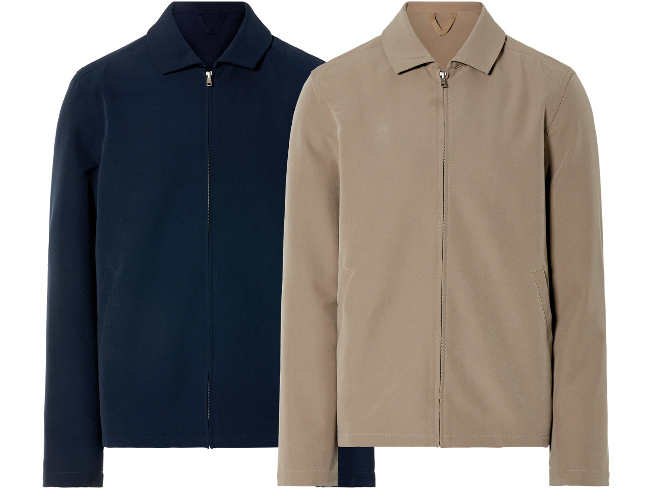 Två jackor, en mörkblå och en beige, med dragkedja fram.