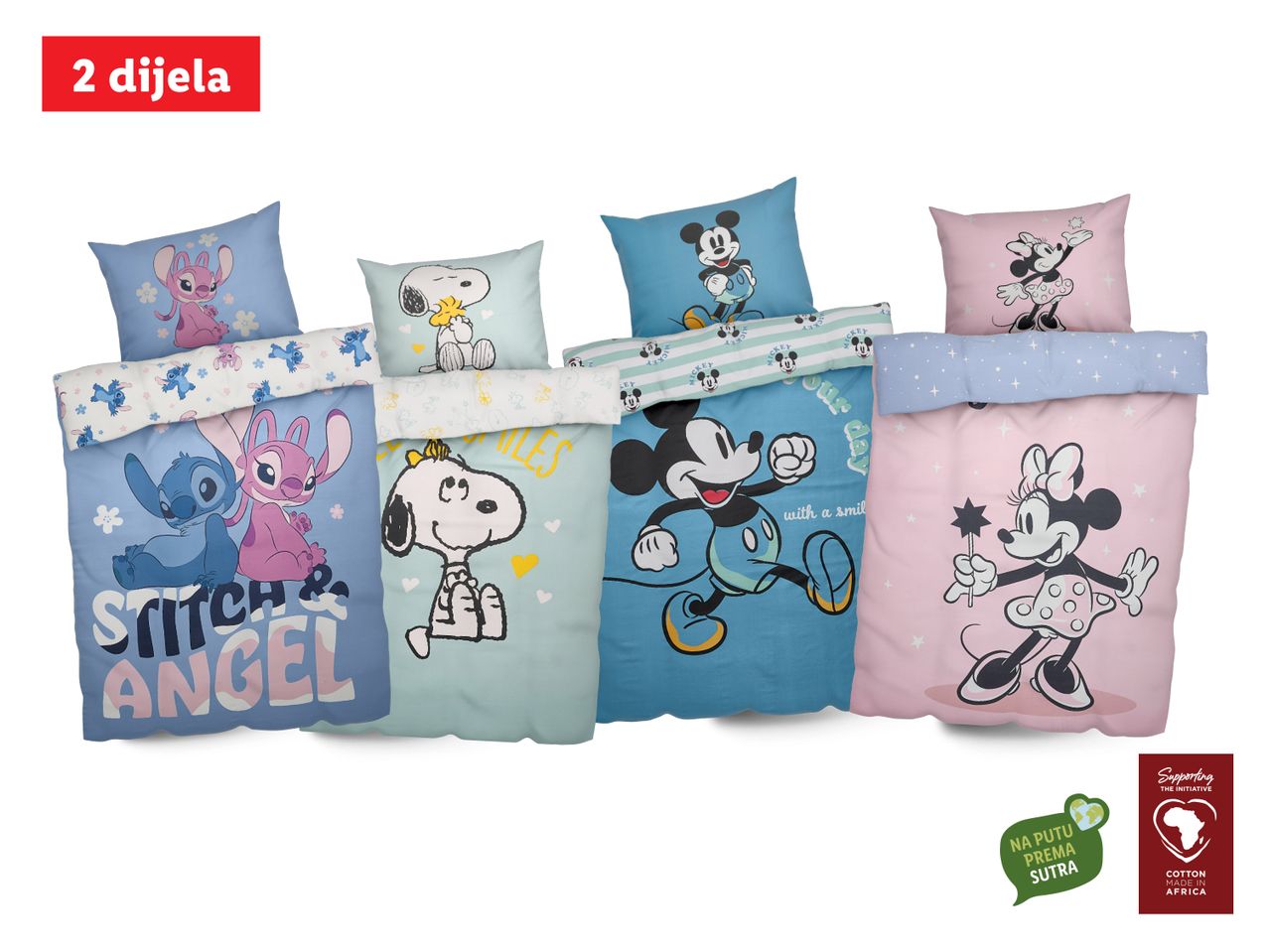 Posteljina s likovima Snoopyja, Minnie Mouse i drugih slatkih motiva.