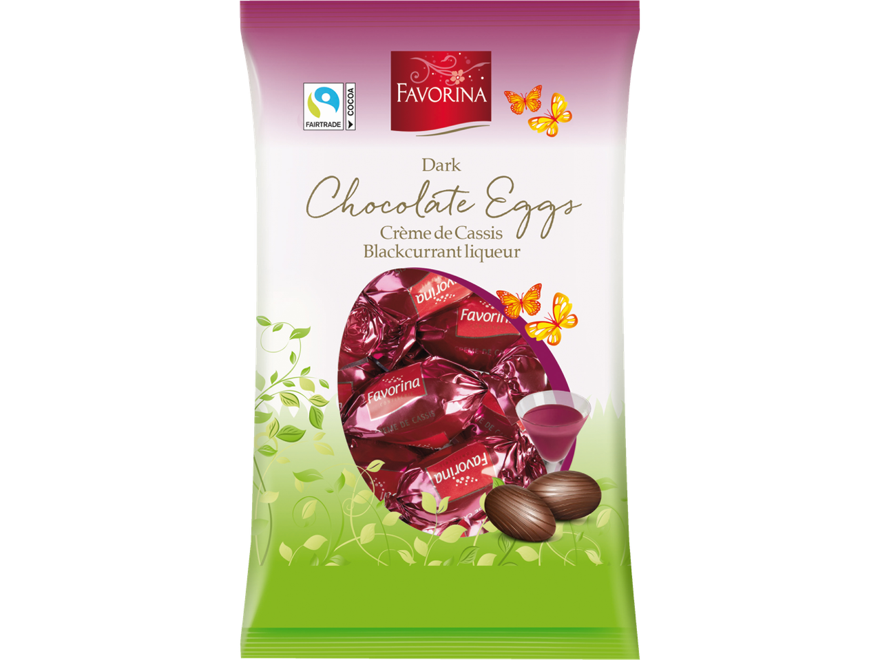 Favorina donkere chocolade-eieren met Crème de Cassis en zwarte bessenlikeur.