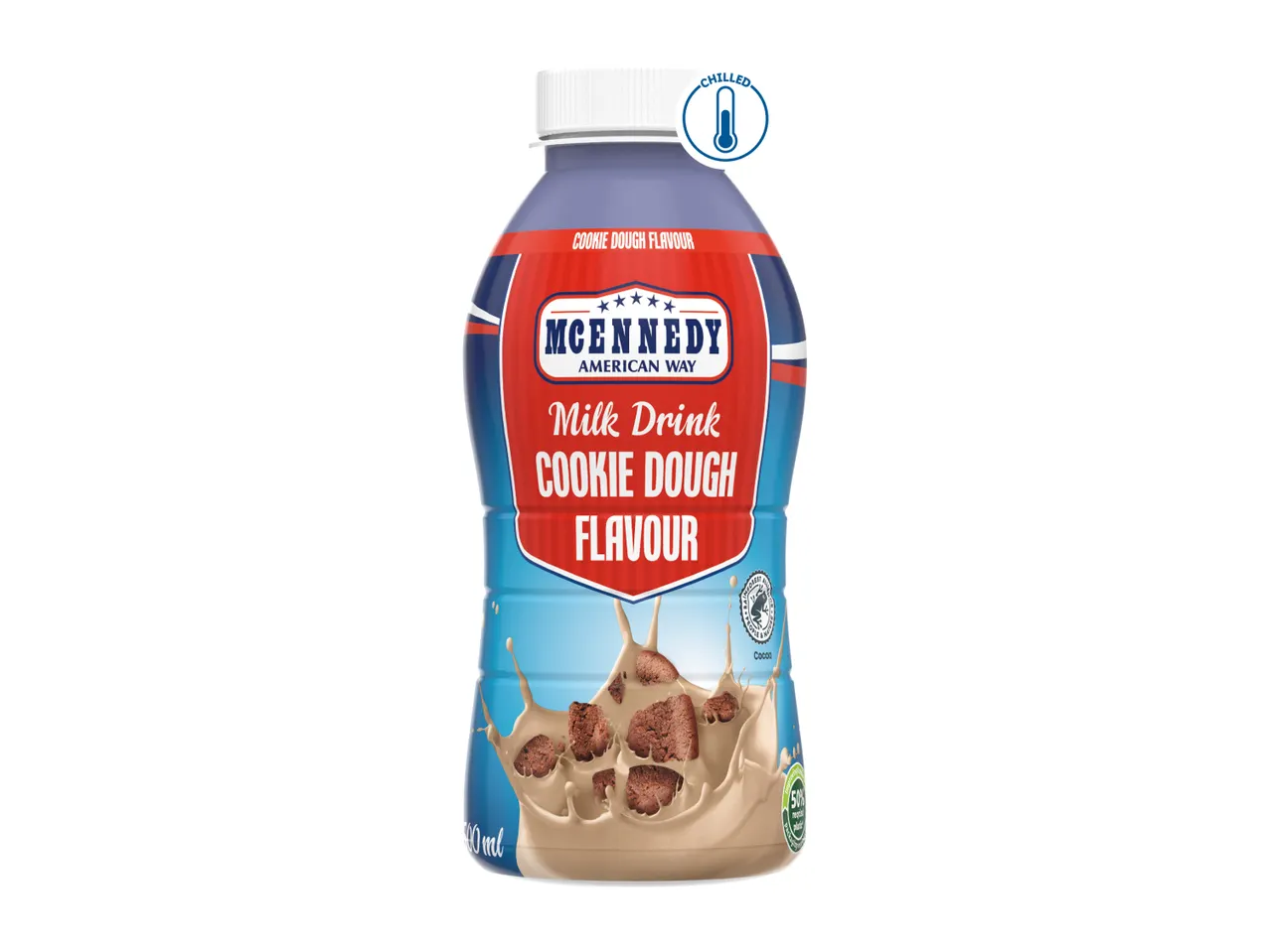 Cookie Dough Flavour Milk Drink bottle with a chilled icon and cocoa splash.