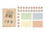 Wooden math learning set with number discs, operation symbols, and colorful counting sticks.