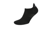 A single black no-show sock with white accents on the heel and textured sole.