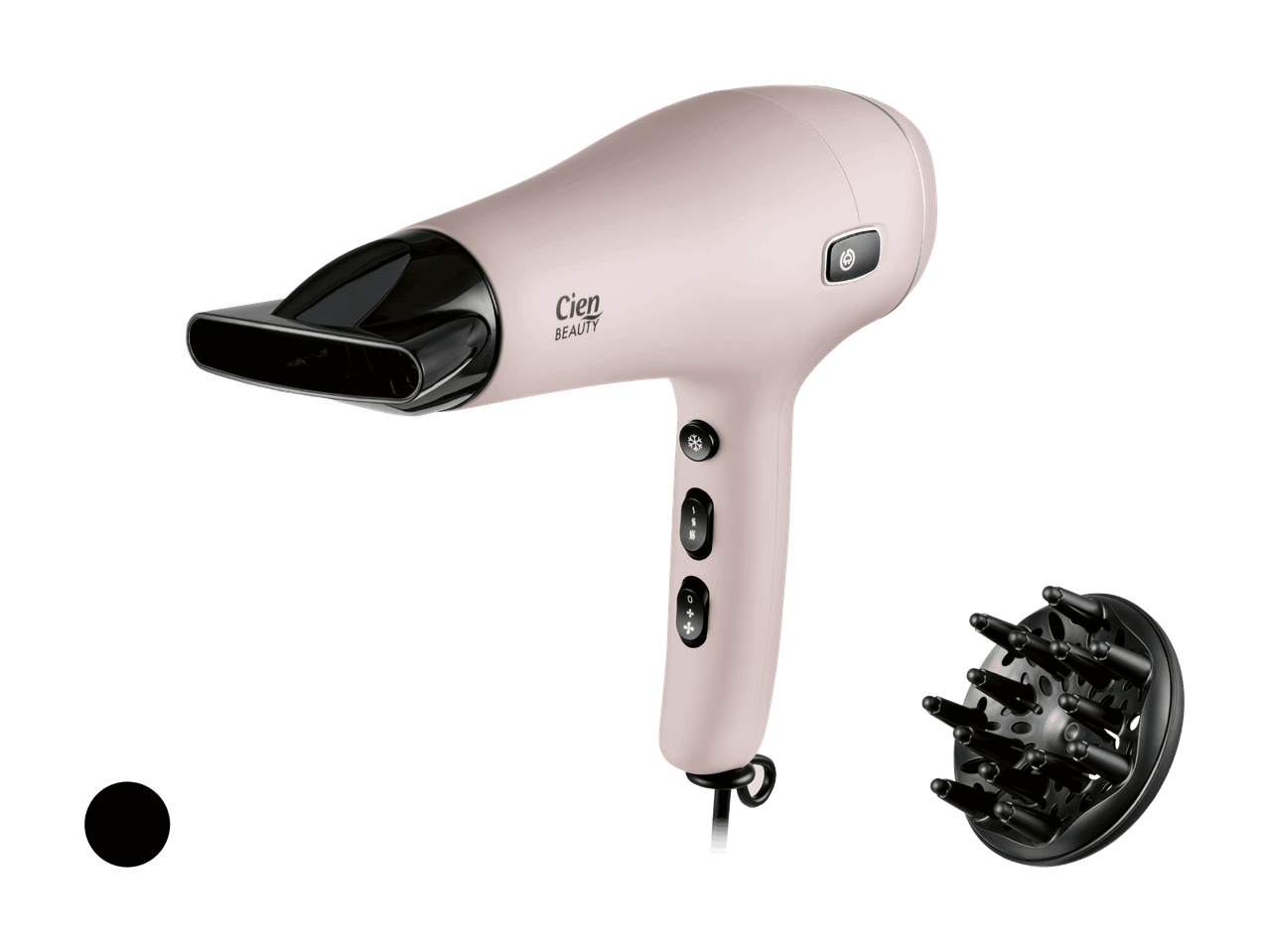 Sèche-cheveux rose avec concentrateur et diffuseur noirs sur fond noir.