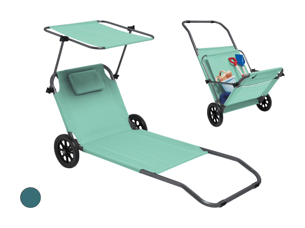 Chaise longue de plage pliable vert menthe avec pare-soleil et fonction chariot.