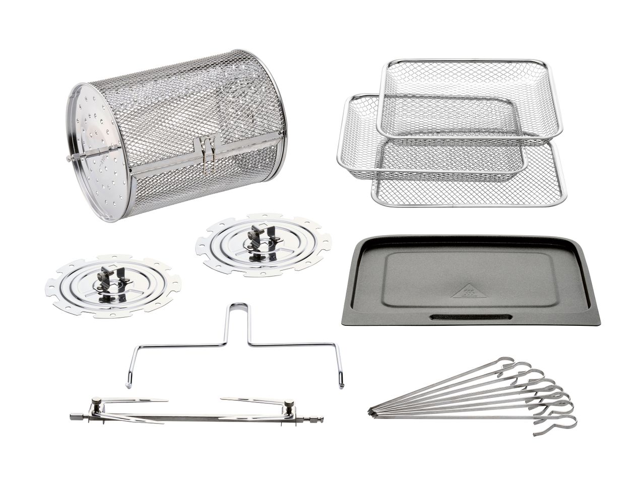 Various air fryer accessories including a rotisserie basket, mesh baskets, and skewers.