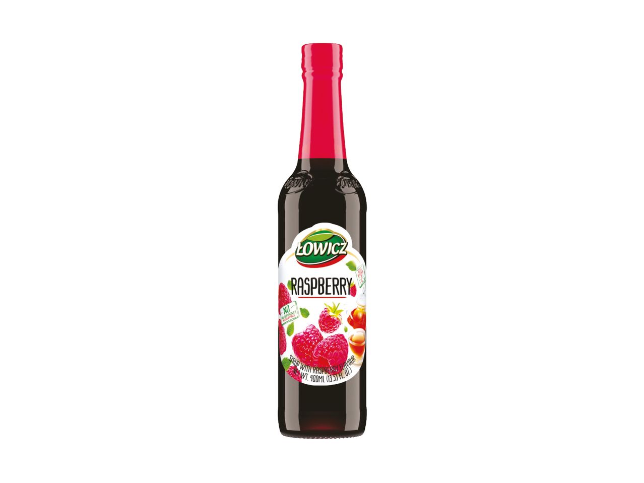 A bottle of Łowicz Raspberry syrup, featuring a red cap and label with raspberries.