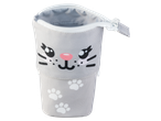 Grijze etui met kattengezicht en pootafdrukken, open met rits