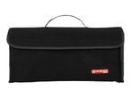 Black felt car mat set with a red and white logo, folded and with a handle.