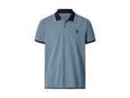 Men's blue polo shirt with a dark collar, striped cuffs, and a marlin embroidery.