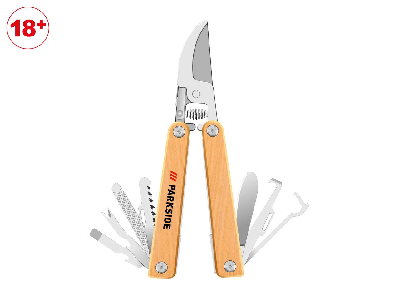 A multi-tool with pruning shears and various other tools, featuring wooden handles.