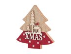Wooden Christmas tree decoration with a house, bird, and 'XMAS' text