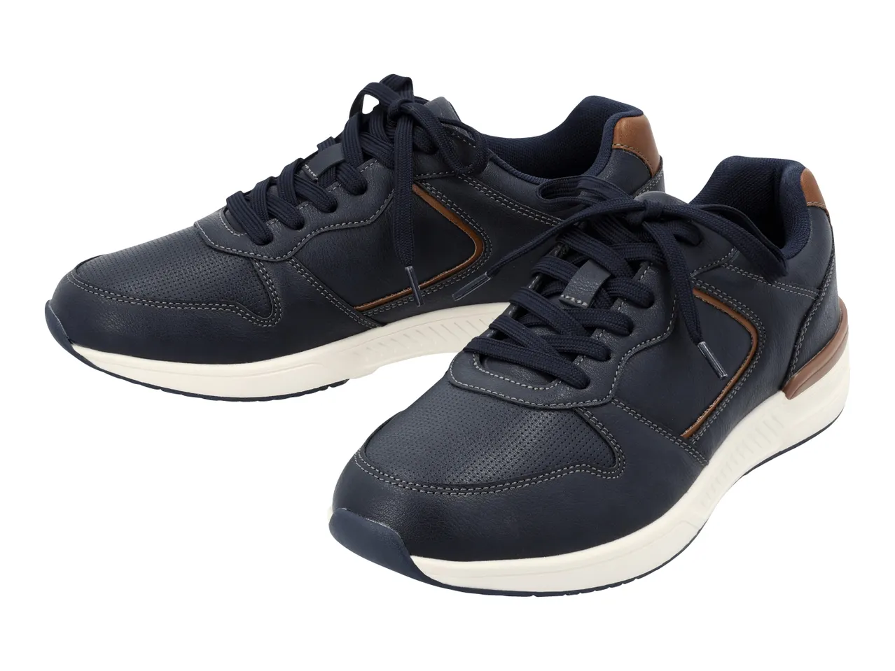 Pair of men's navy blue sneakers with brown accents and white soles.