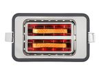 Top-down view of a toaster with two slices of bread toasting inside, glowing red.
