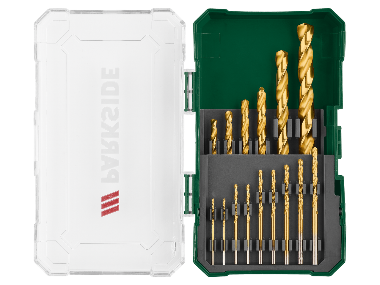 Set de burghie și șurubelnițe Parkside® cu burghie aurii într-o carcasă verde.