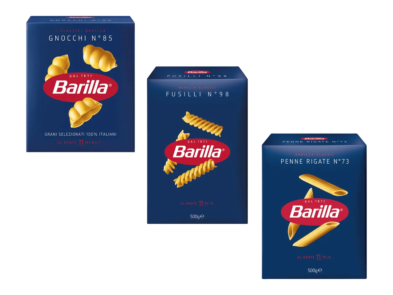 Kolme pakkausta pastaa: gnocchi, fusilli ja penne rigate, kaikki tummansinisissä pakkauksissa.