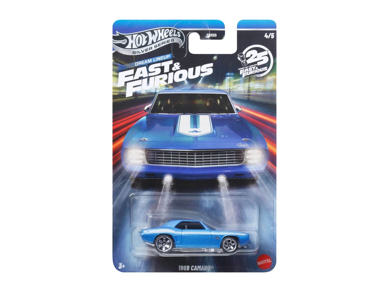 Hot Wheels Fast & Furious 1969 Camaro toy car in packaging, part of the Silver Series Dream Lineup.